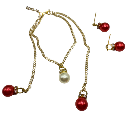 Red Pearl Christmas Ornament Layer Doll Necklace & Earrings • 18 Inch Fashion Doll Jewelry