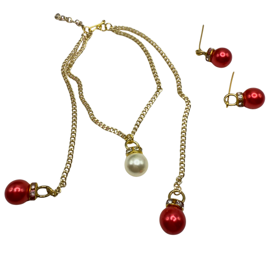 Red Pearl Christmas Ornament Layer Doll Necklace & Earrings • 18 Inch Fashion Doll Jewelry