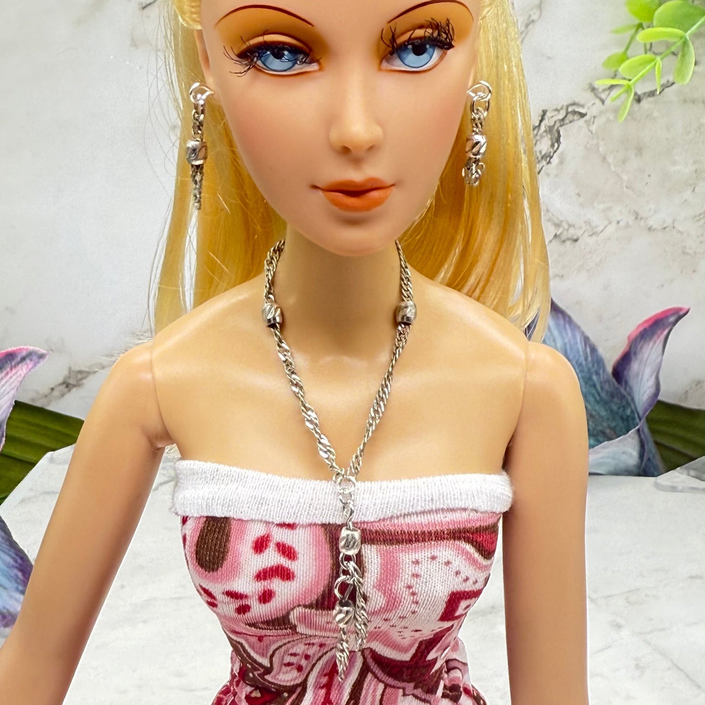 Silver Chain Beaded Tassel Style Doll Necklace & Earring • 16 Inch Fashion Doll Jewelry