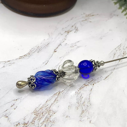 Blue Clear Swirl Glass Silver Filigree Design - 8.75” • Hatpin