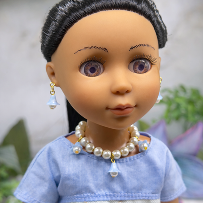 Light Blue Bell Flower Dangle Pearl Beaded Doll Necklace & Earrings • 14 Inch Fashion Doll Jewelry