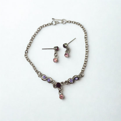 Pink Purple Rhinestone Silver Doll Necklace & Earrings Set • 18 Inch Fashion Doll Jewelry