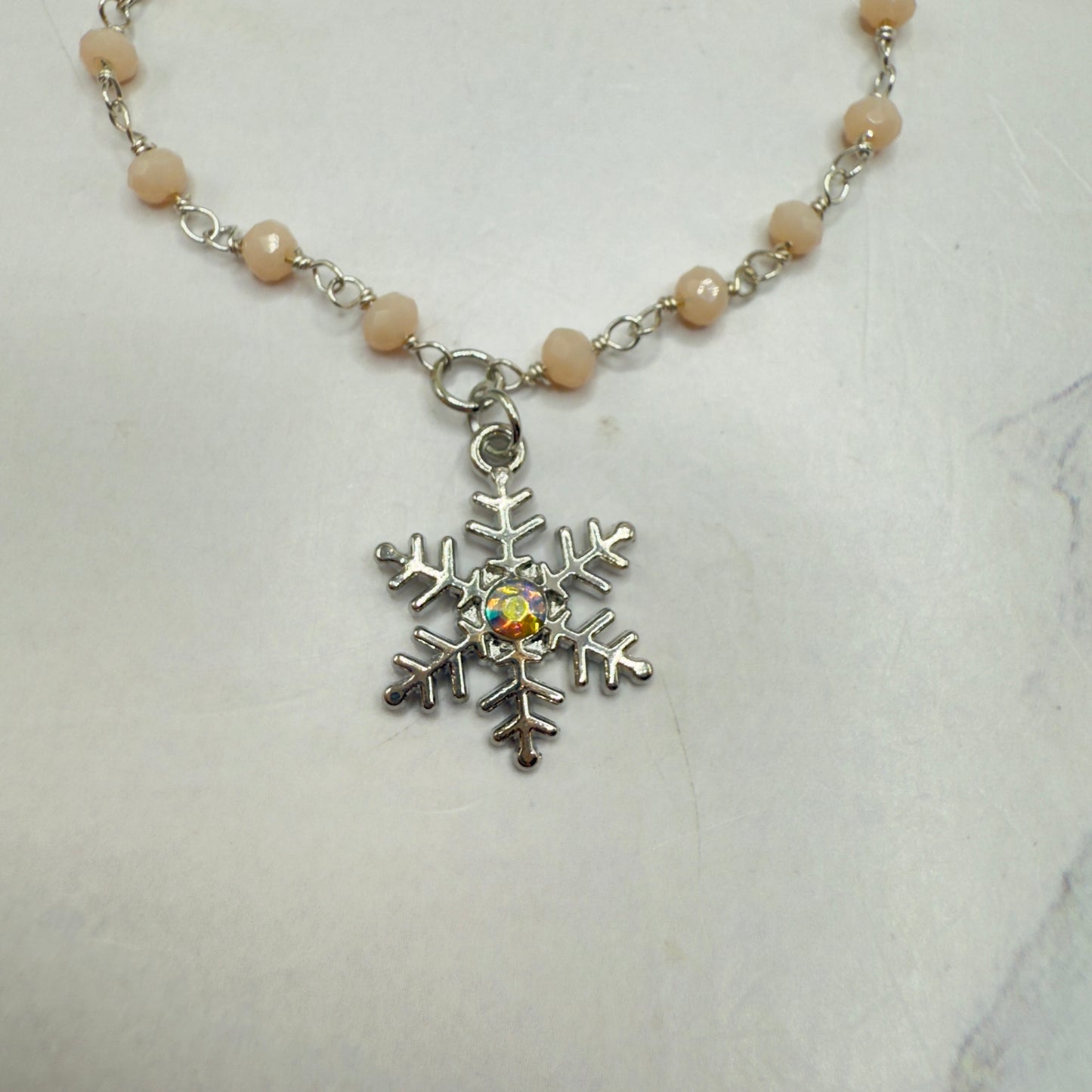 Light Pinkish Beige Glass Crystal Beaded Snowflake Doll Necklace • 18 Inch Fashion Doll Jewelry