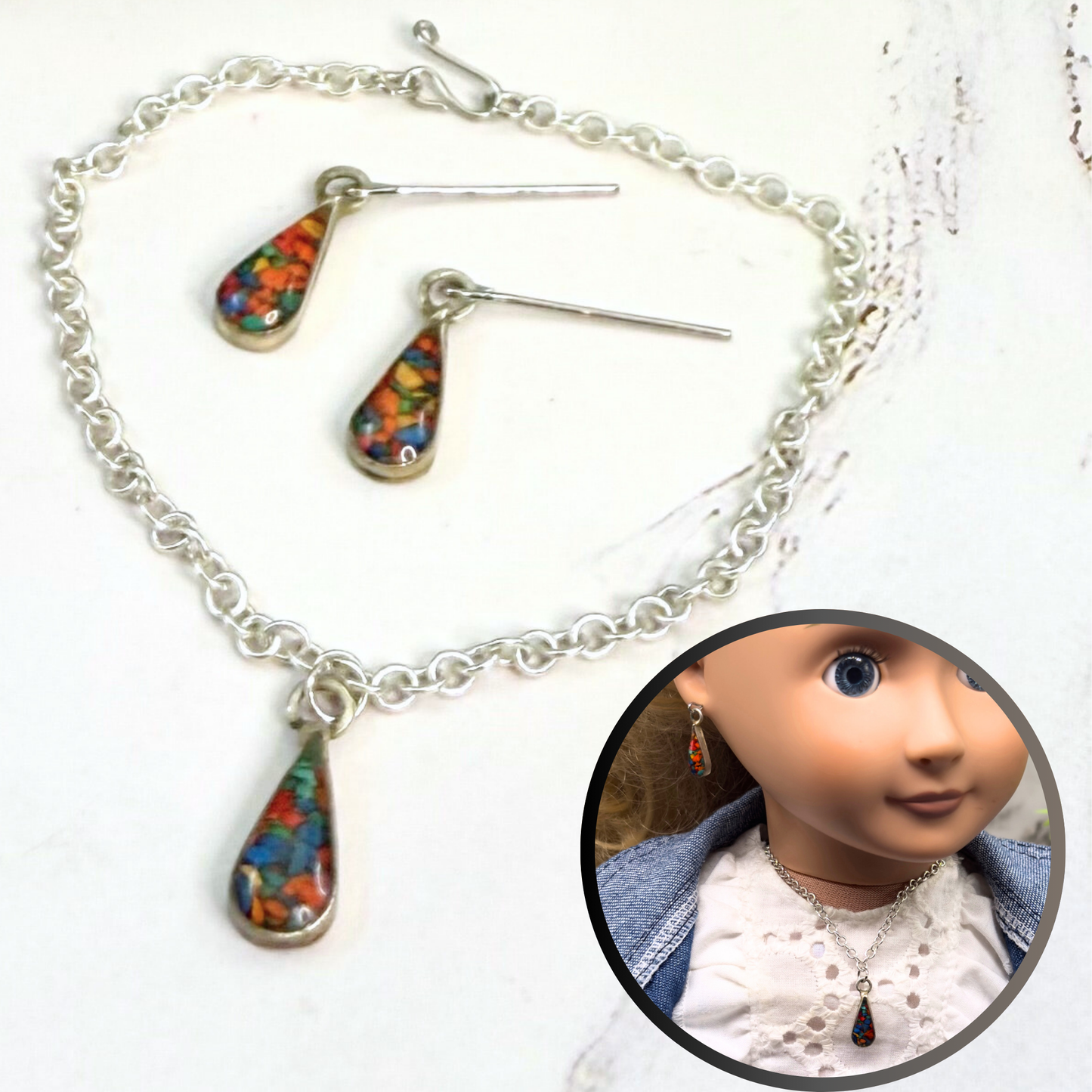 Multi Color Enamel Teardop Shape Necklace & Earrings Set • 18 Inch Fashion Doll Jewelry
