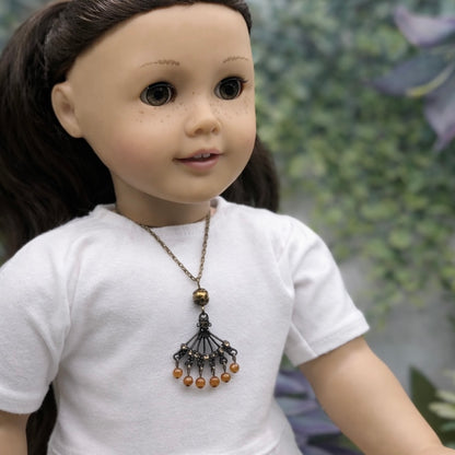 Bronze Fan Design Brown Bead Dangle Pendant Doll Necklace • 18 inch Doll Jewelry