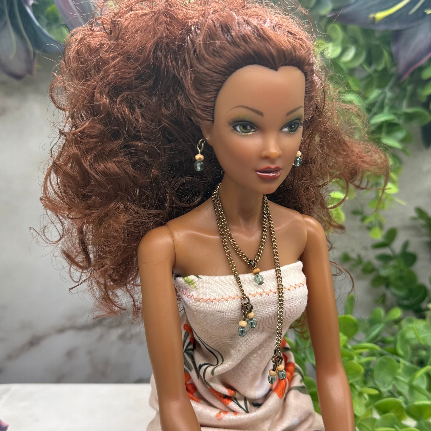 Blue Green Beige Beaded Dangle Doll Necklace Earring Set • 16 Inch Doll Jewelry