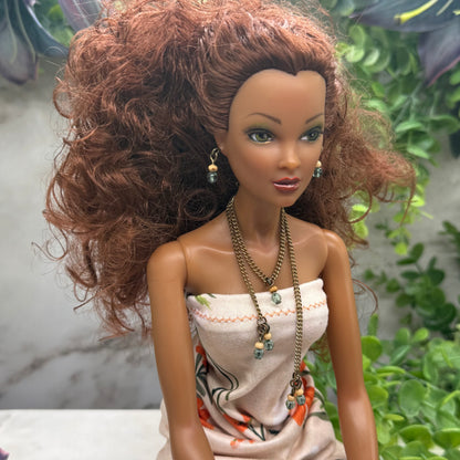 Blue Green Beige Beaded Dangle Doll Necklace Earring Set • 16 Inch Doll Jewelry