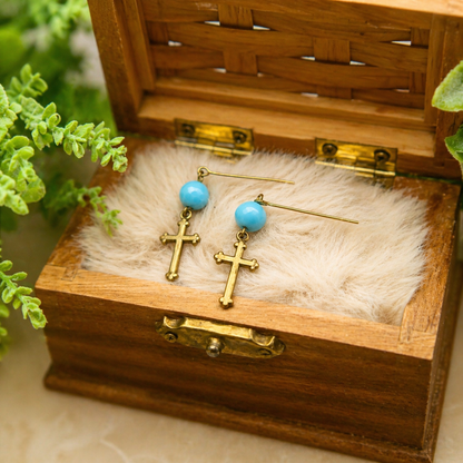Turquoise Blue Glass & Gold Cross Dangle Doll Earrings • 18 Inch Fashion Doll Jewelry