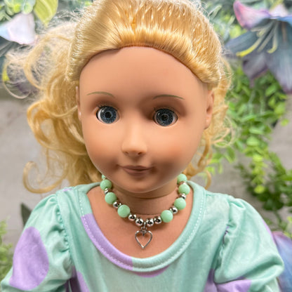 Light Green Acrylic & Silver Beaded Open Heart Charm Doll Necklace • 18 Inch Fashion Doll Jewelry
