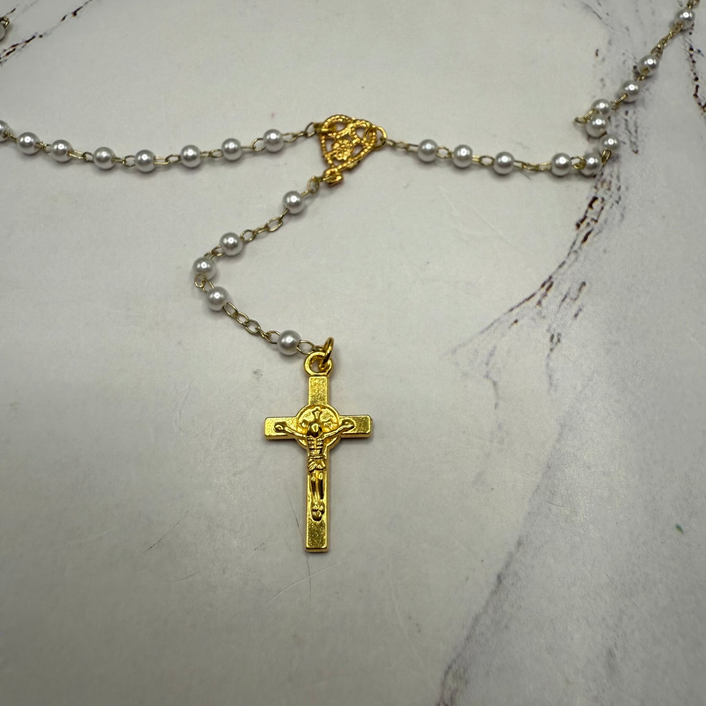 White Pearl Beaded Gold Chain & Crucifix • Doll Size Catholic Rosary for 18-22” Fashion or Vintage Dolls