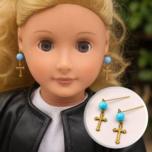 Turquoise Blue Glass & Gold Cross Dangle Doll Earrings • 18 Inch Fashion Doll Jewelry