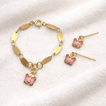 Pink Crystal Butterfly Charm Gold Oval Link Doll Necklace & Earrings • 14 Inch Fashion Doll Jewelry
