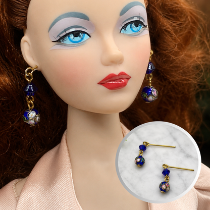 Dark Blue Cloisonné Flower Design Doll Earrings • 16 Inch Fashion Doll Jewelry
