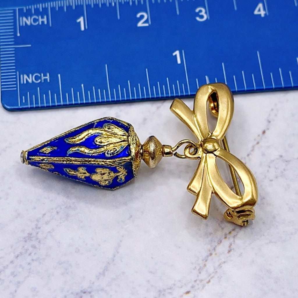 Blue Cloisonné Gold Design Teardrop Dangle Pendant Bow Shaped Pin • Doll Brooch
