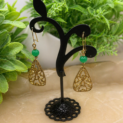 Gold Tone Filigree Design Green Glass Accent Dangle Earrings • Handmade Jewelry