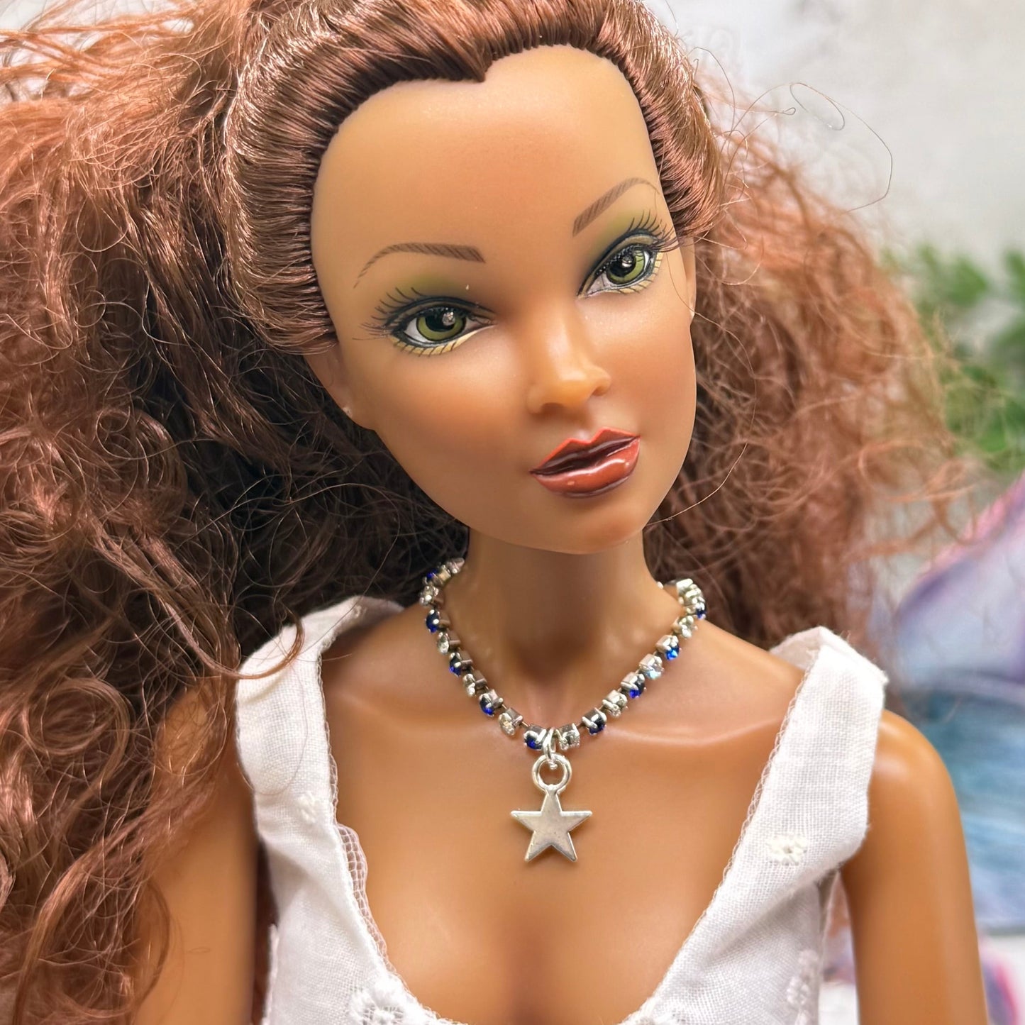 Blue & Clear Rhinestone Silver Star Charm Doll Necklace for 16 Inch Fashion Doll