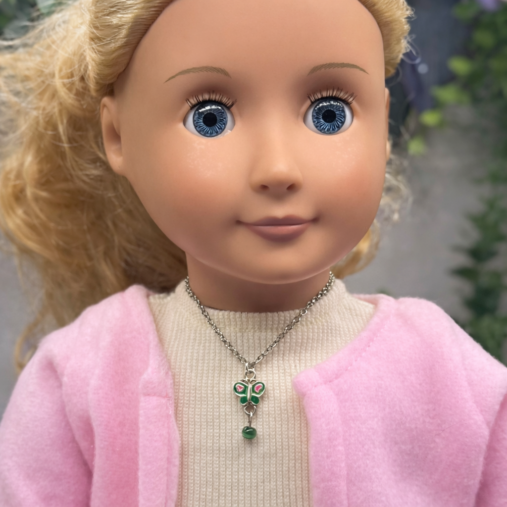 Green Pink Butterfly Charm Silver Chain Doll Necklace • 18 Inch Fashion Doll Jewelry