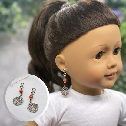 Dark Orange Bead with Silver Filigree Dangle Doll Earring DANGLE ONLY fits 2mm post for 18 Inch Fashion Dolls