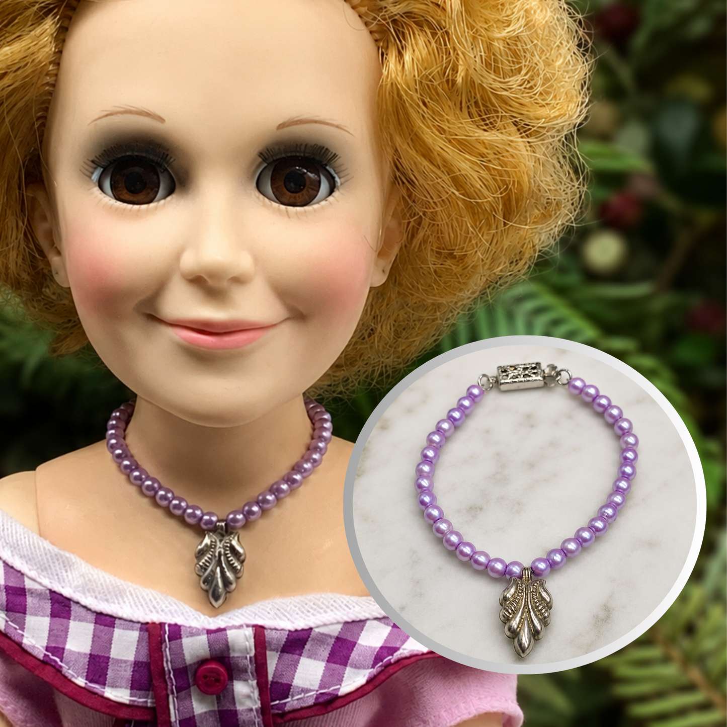 Lavender Purple Pearl Bead Leaf Charm Doll Necklace for 18-22” Vintage Doll