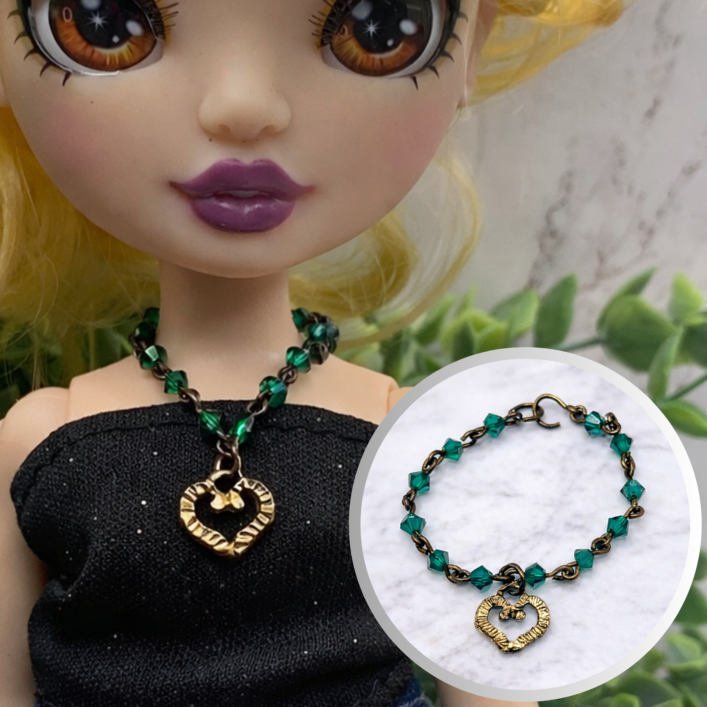Green Bead Gold Heart Pendant Doll Necklace - RH • 10-12” Fashion Doll Jewelry