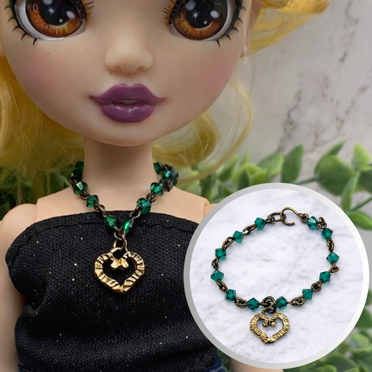 Green Bead Gold Heart Pendant Doll Necklace - RH • 10-12” Fashion Doll Jewelry