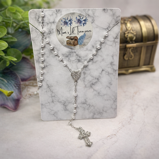 White Pearl Beaded Silver Chain & Cross Catholic Doll Rosary for 18-22” Dolls