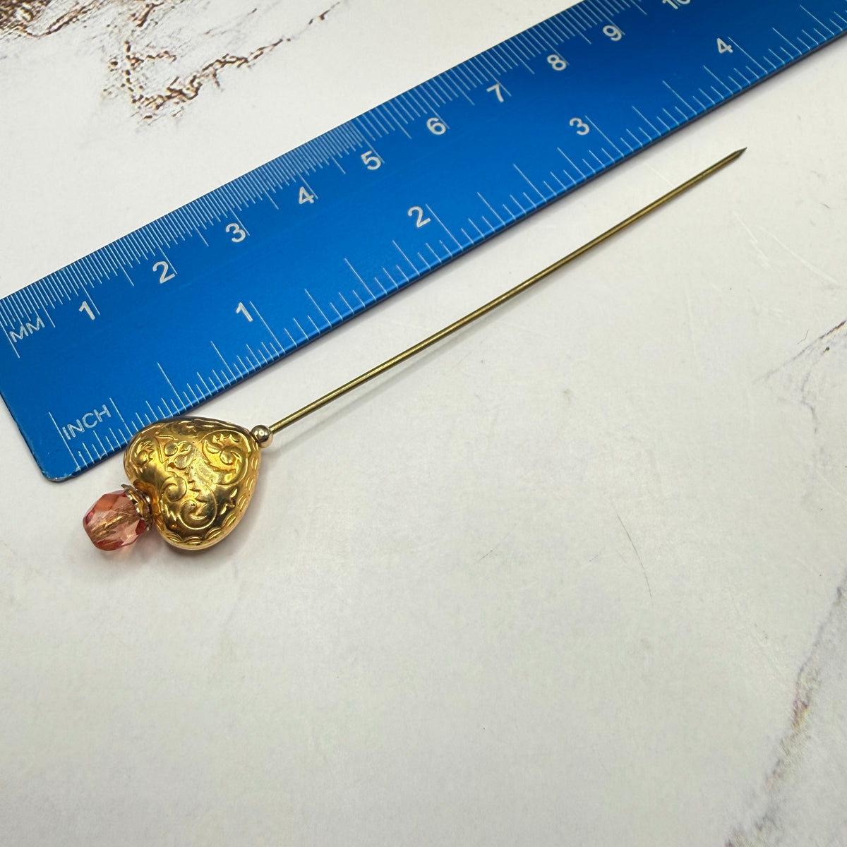 Set of 3 Stick Pins: Gold Tone Puffy Heart Floral Design Pink Glass Crystal Accent - Ribbed Design Small Round