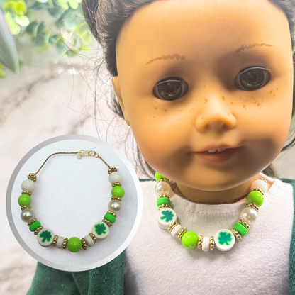 Green White Bubble Gum Beaded Four-Leaf Clover Doll Necklace • 18 Inch Fashion Doll Jewelry