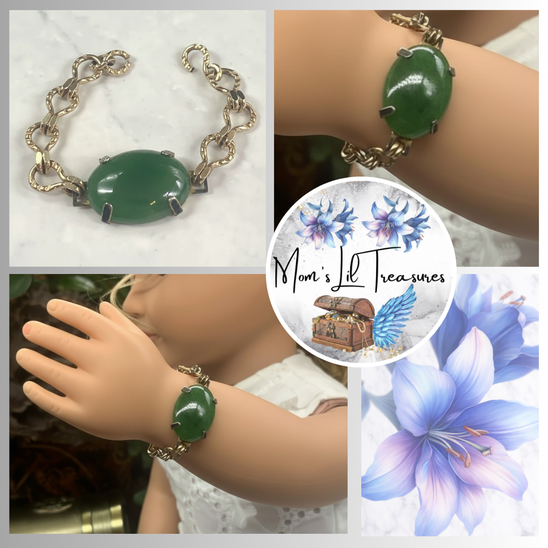 Green Glass Oval Pendant Gold Doll Bracelet • 18 Inch Fashion Doll Jewelry