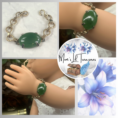 Green Glass Oval Pendant Gold Doll Bracelet • 18 Inch Fashion Doll Jewelry