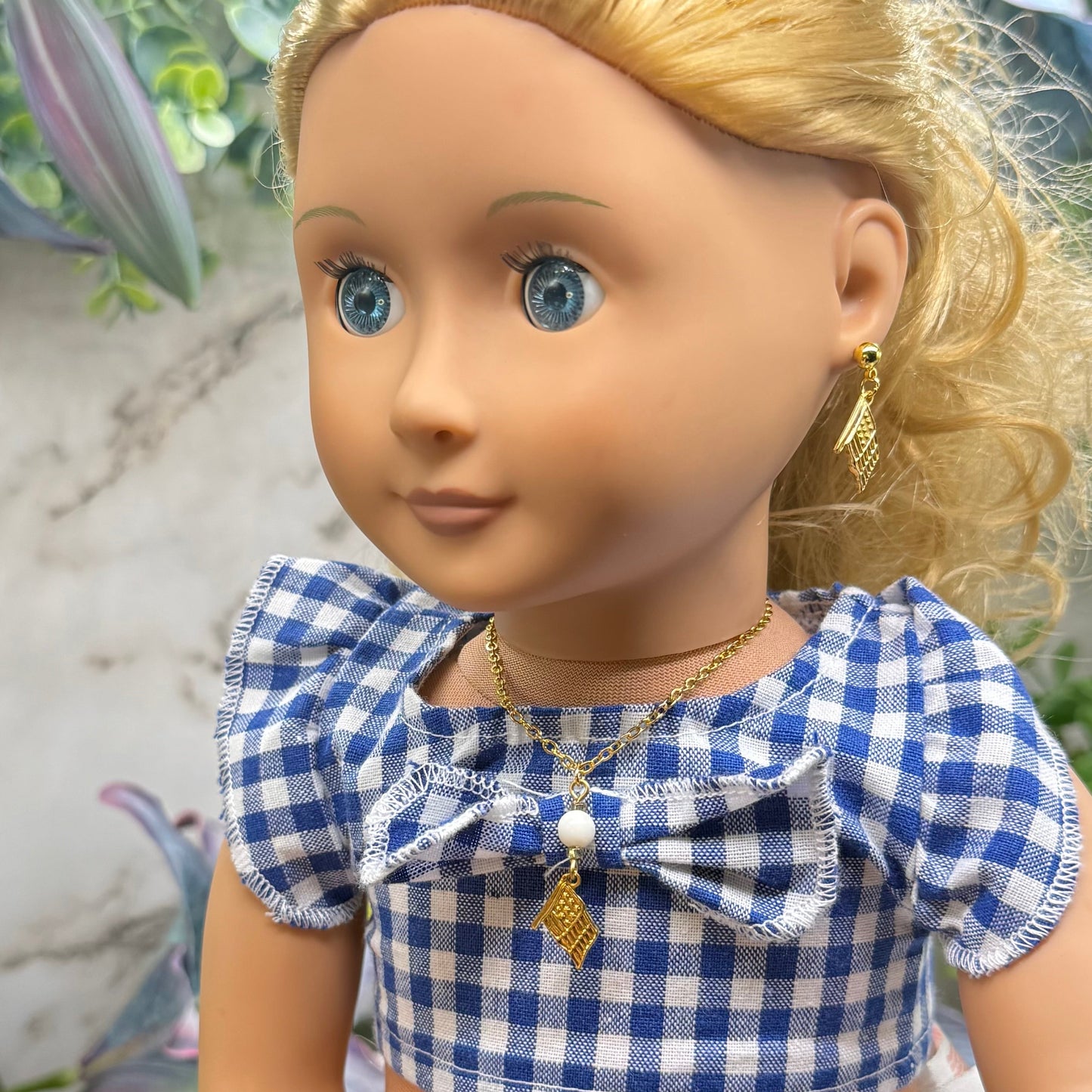 White Bead Gold Flag Dangle Doll Necklace & Earrings Set for 18 Inch Fashion Doll