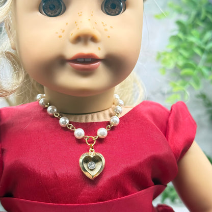 Heart Charm w/ Rhinestone Center Pearl Beaded Gold Doll Necklace • 18 Inch Fashion Doll Jewelry