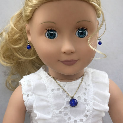 Blue Glass Drop Pendant Doll Necklace Earrings Set • 18 Inch Doll Jewelry