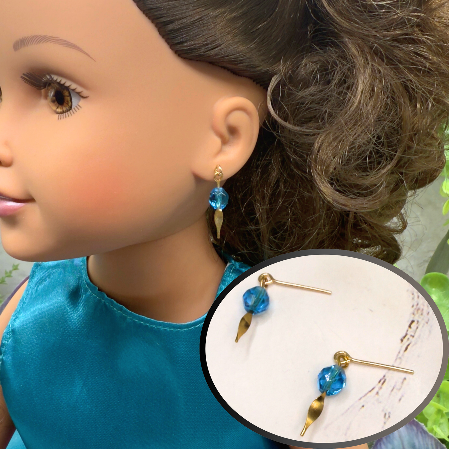 Turquoise Blue Glass Crystal & Gold Doll Earrings • 18 Inch Fashion Doll Jewelry