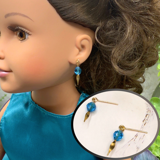 Turquoise Blue Glass Crystal & Gold Doll Earrings • 18 Inch Fashion Doll Jewelry