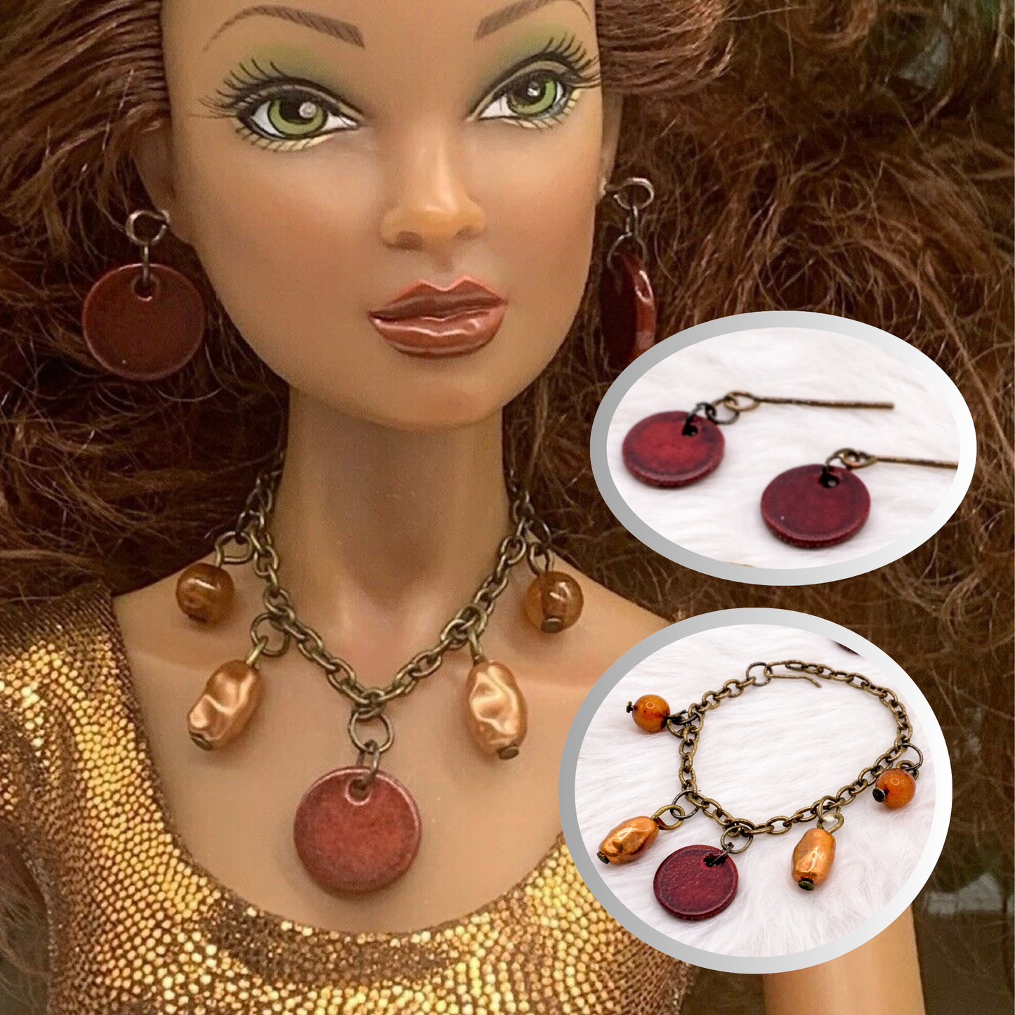Brown Pearl Dangle Necklace Earring Set • 16 Inch Fashion Doll Jewelry