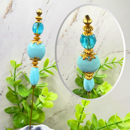 Robin’s Egg Blue Aqua Glass Bead Gold Filigree - 8 Inch Hatpin