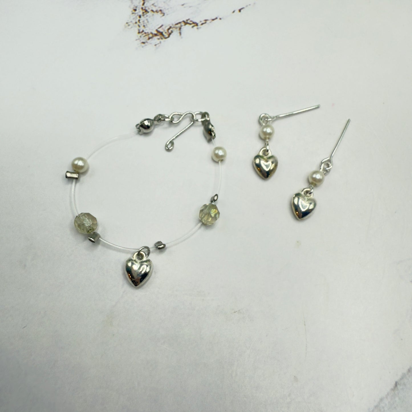 Silver Heart Charm Nylon String Pearl & Acrylic Crystal Necklace & Earrings • 14 Inch Fashion Doll Jewelry