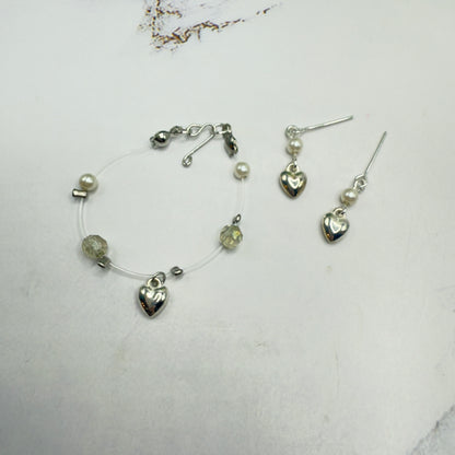 Silver Heart Charm Nylon String Pearl & Acrylic Crystal Necklace & Earrings • 14 Inch Fashion Doll Jewelry