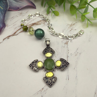 Green Cabochon Silver Cross & Green Bead Chain • Car Mirror Charm / Sun Catcher