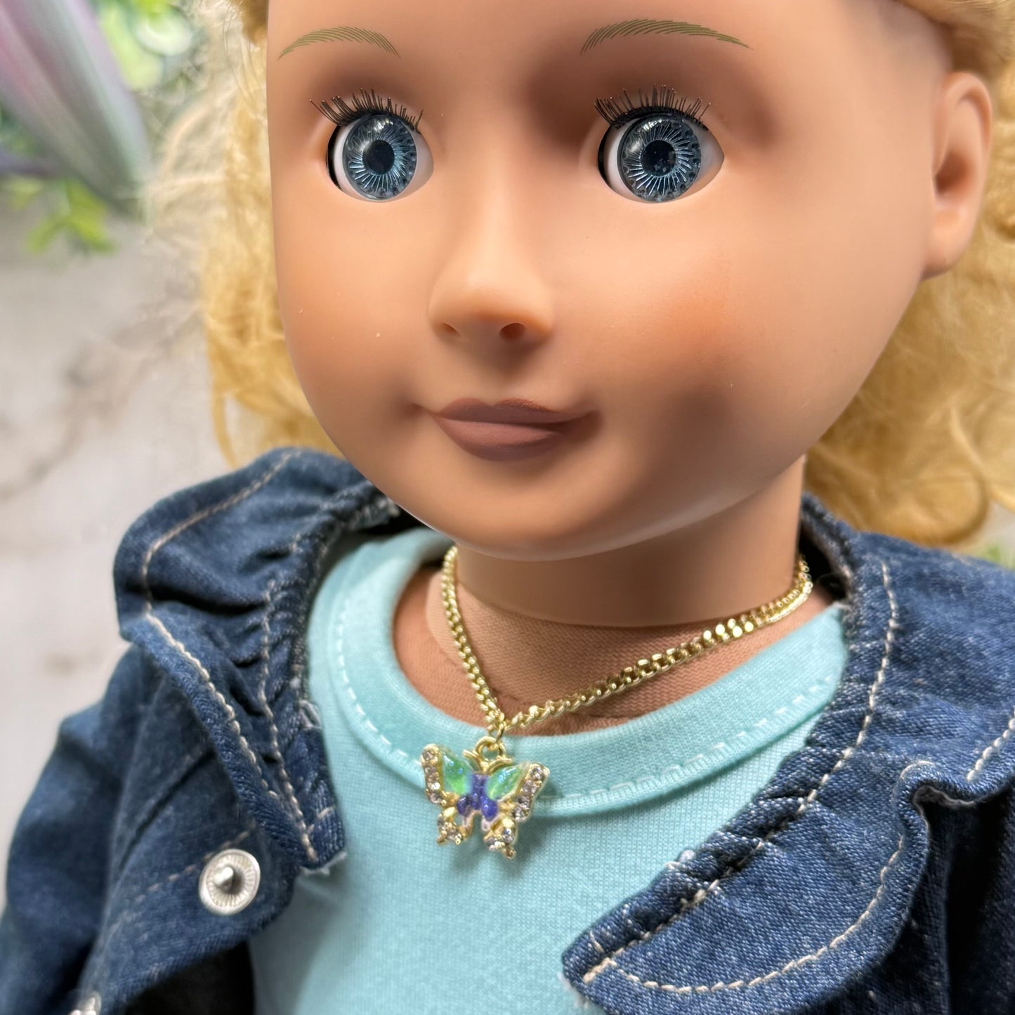 Blue Green Acrylic Butterfly Charm Rhinestone Accents Gold Chain Doll Necklace • 18 Inch Fashion Doll Jewelry