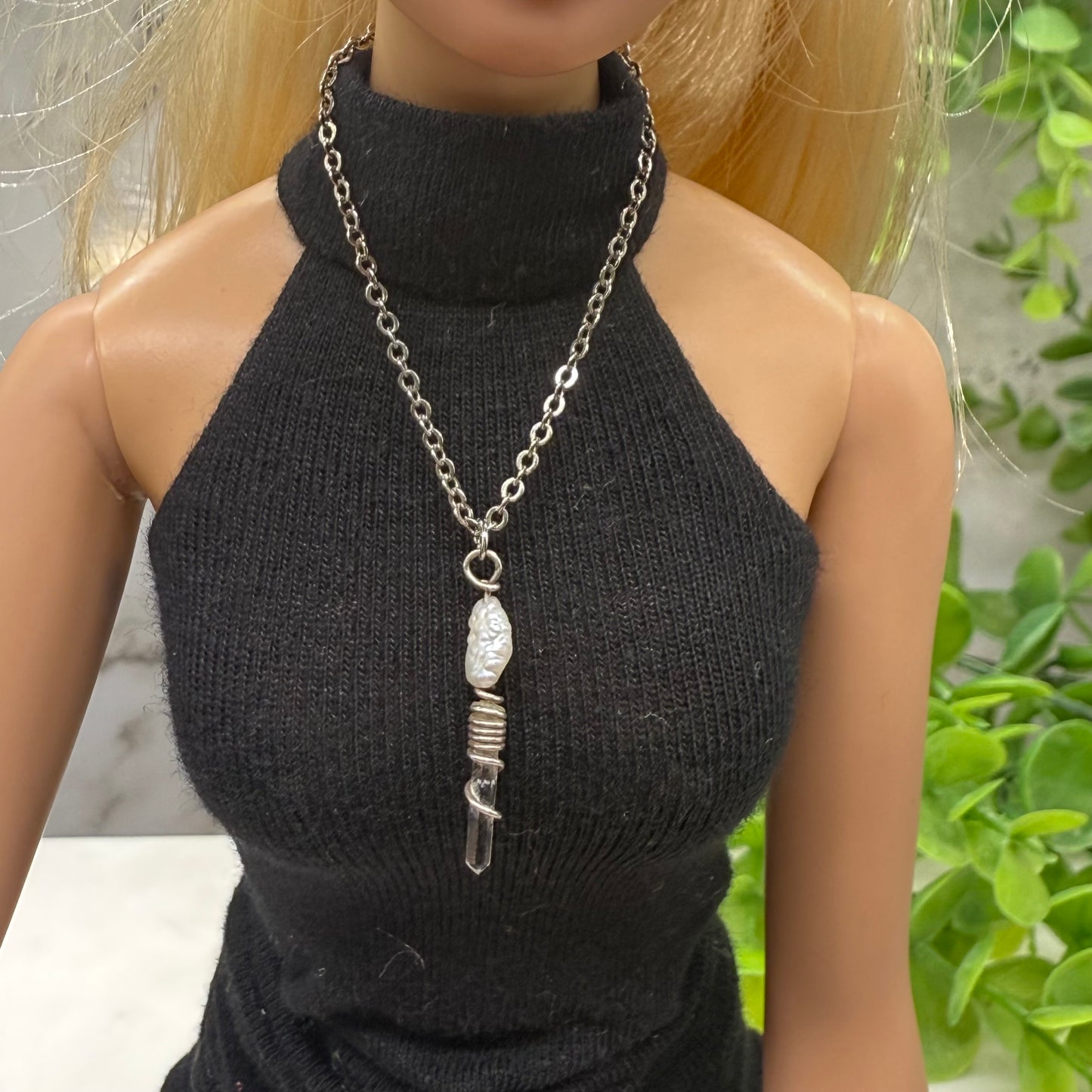 Crystal Quartz & Pearl Pendant Doll Necklace • 16 inch Fashion Doll Jewelry