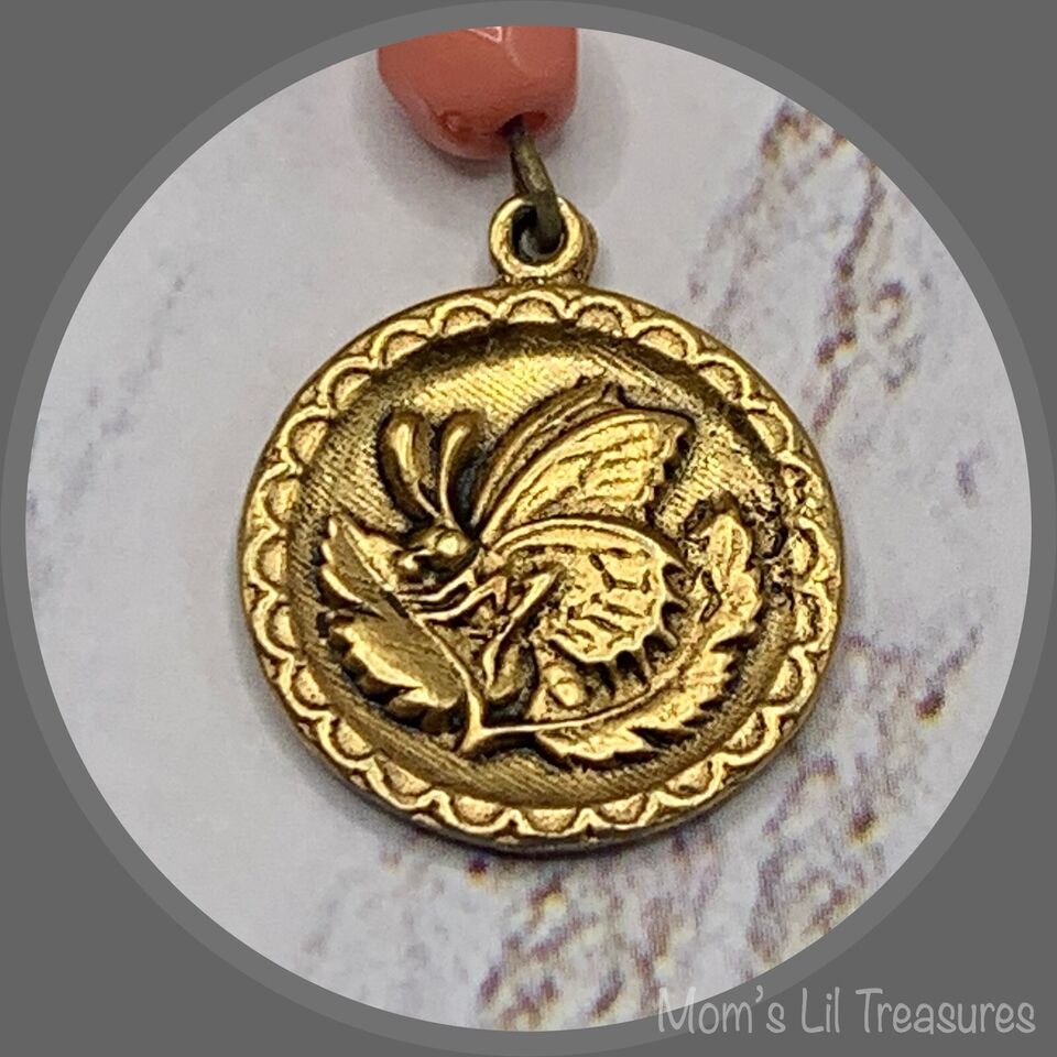 Gold Tone Bow Pin Pink Bead Gold Butterfly Flower Design Dangle • Doll Brooch