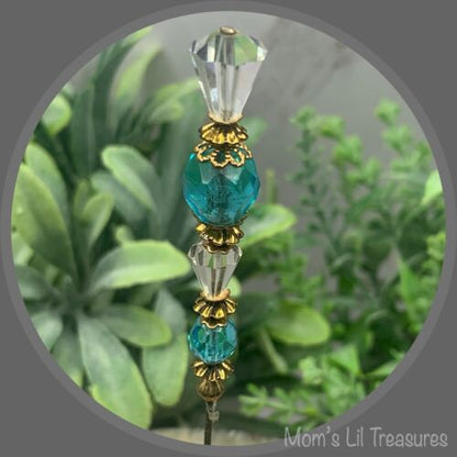 Turquoise Blue & Clear Crystal - Gold Tone Findings- 6” Pin • Hatpin - Stick Pin