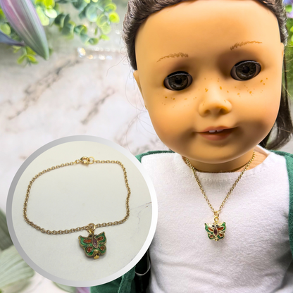 Green Multi Color Enamel Detail Butterfly Charm Gold Doll Necklace • 18 Inch Fashion Doll Jewelry