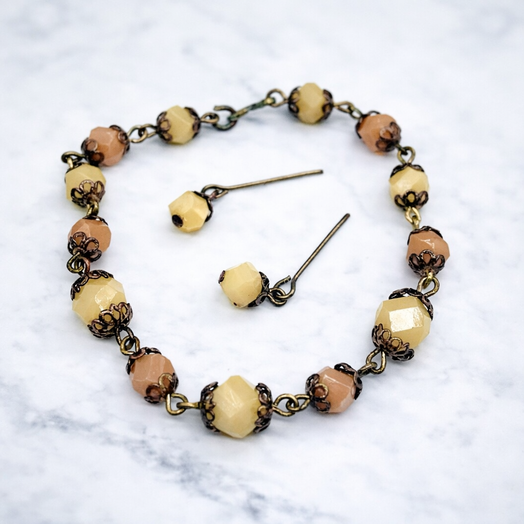 Brown Beige Bead Bronze Filigree Necklace Earrings Set for 18-22” Vintage Doll