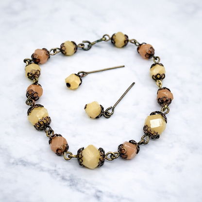 Brown Beige Bead Bronze Filigree Necklace Earrings Set for 18-22” Vintage Doll