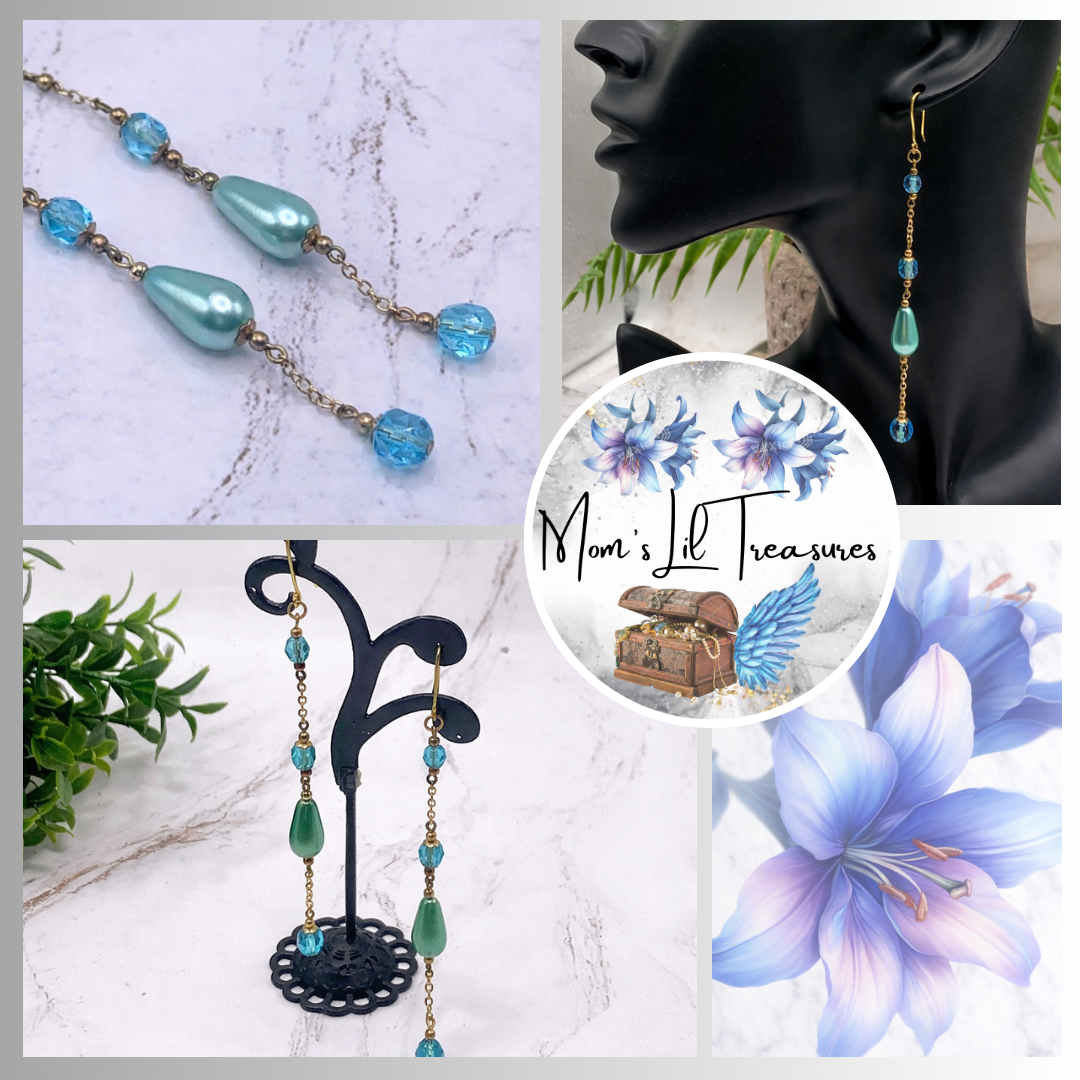 Handmade Duster Dangle Earrings -  Turquoise Crystal Faux Pearl Gold Tone Chain