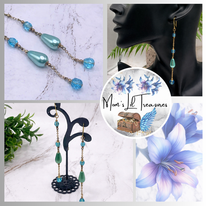 Handmade Duster Dangle Earrings -  Turquoise Crystal Faux Pearl Gold Tone Chain