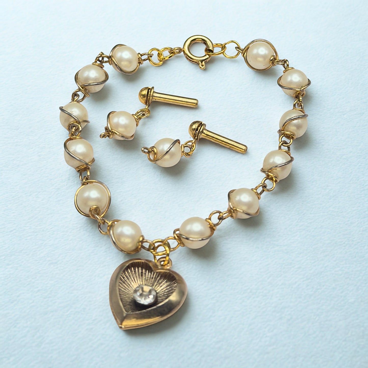 Pearl Beaded Gold Heart Rhinestone Center Necklace & Earrings • 18 Inch Fashion Doll Jewelry